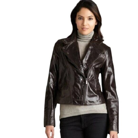 Laundry by Shelli Segal Leather Moto Jacket Brown Small